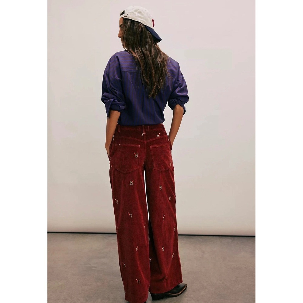 We The Free Clifton Corduroy Pant 26 Embroidered Deer Wide Leg Boho Whimsy Fall - Picture 2 of 11